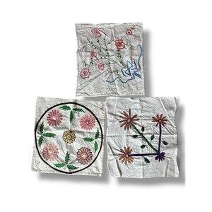 Vintage Handkerchief Hanky Cloth Embroidered Floral Linen Ukrainian Folk Art x3